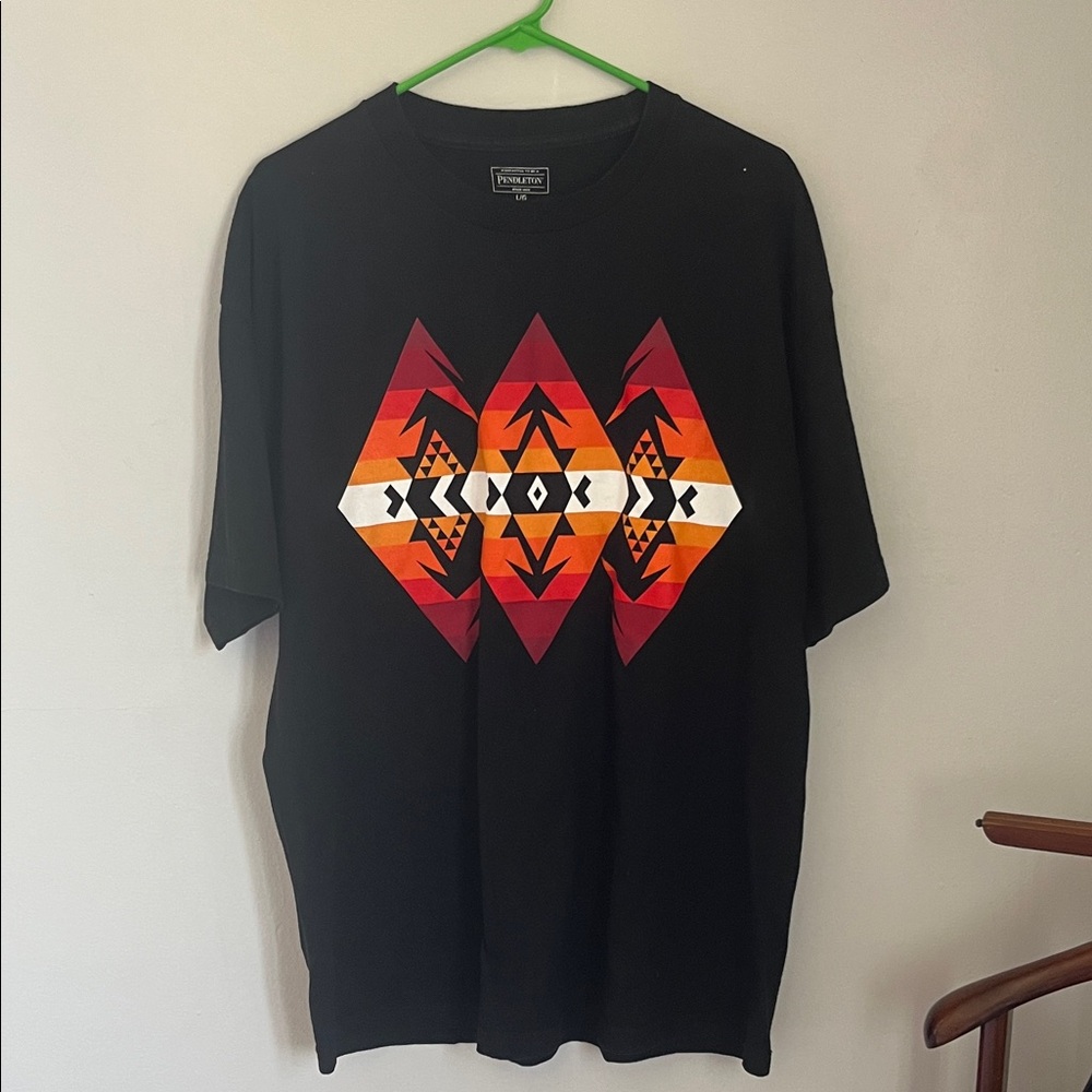 Pendleton Black Tee with Red and Orange Pattern. Size L